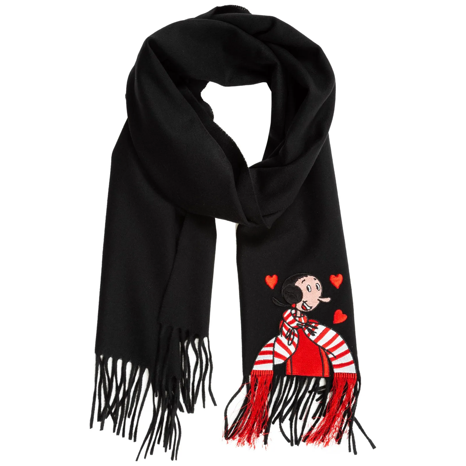 Moschino Olivia Graphic Embroidered Fringe Detailed Scarf