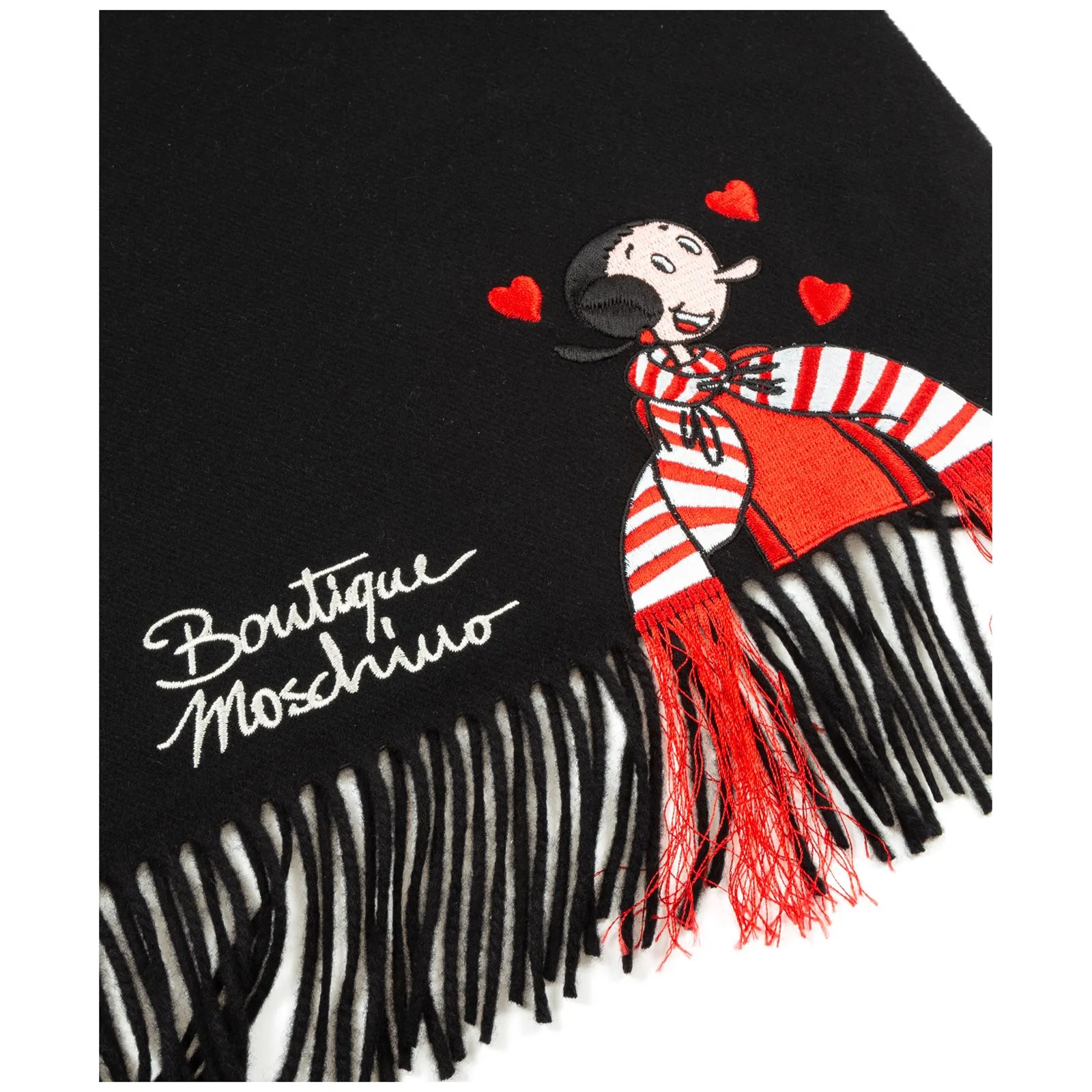 Moschino Olivia Graphic Embroidered Fringe Detailed Scarf