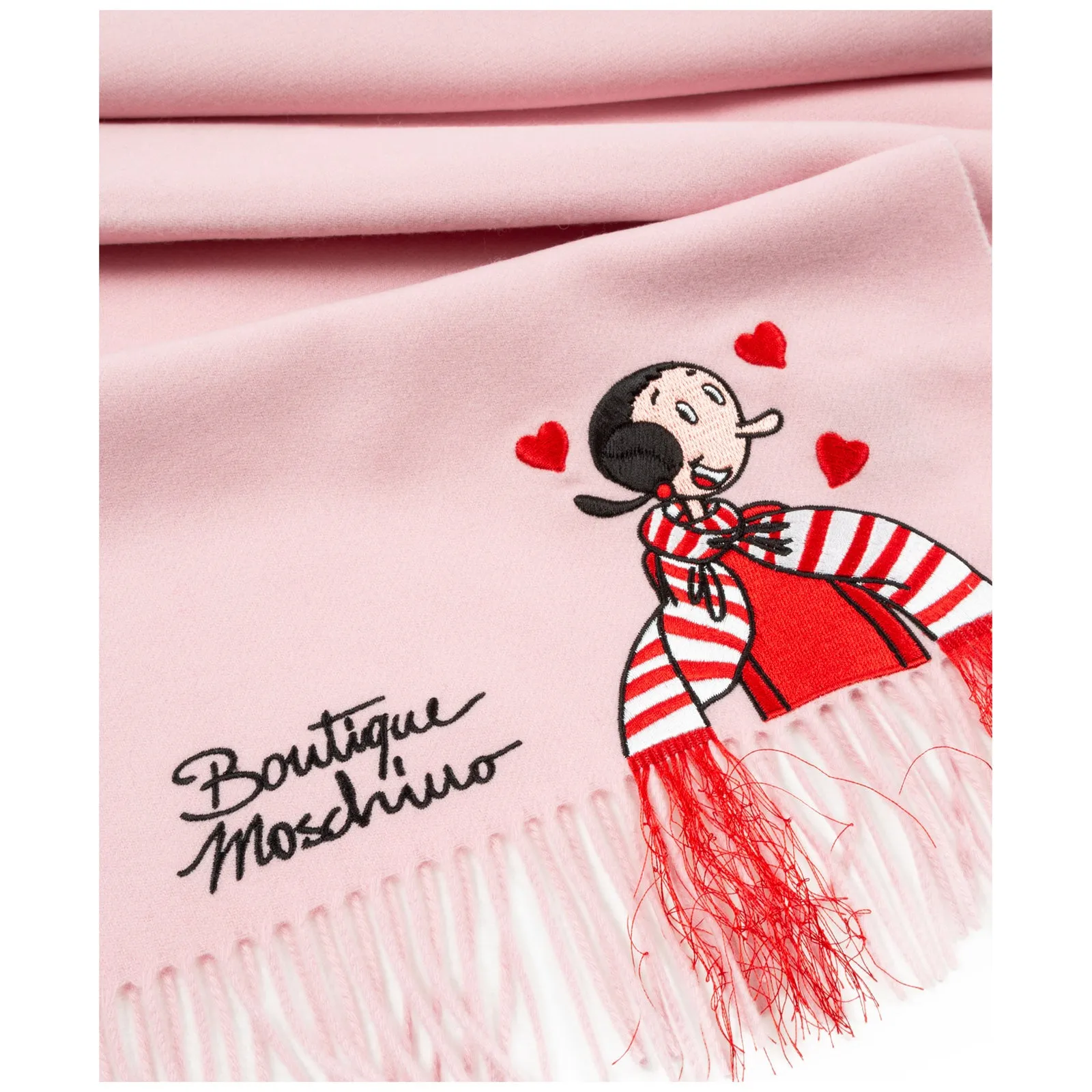 Moschino Olivia Graphic Embroidered Fringe Detailed Scarf