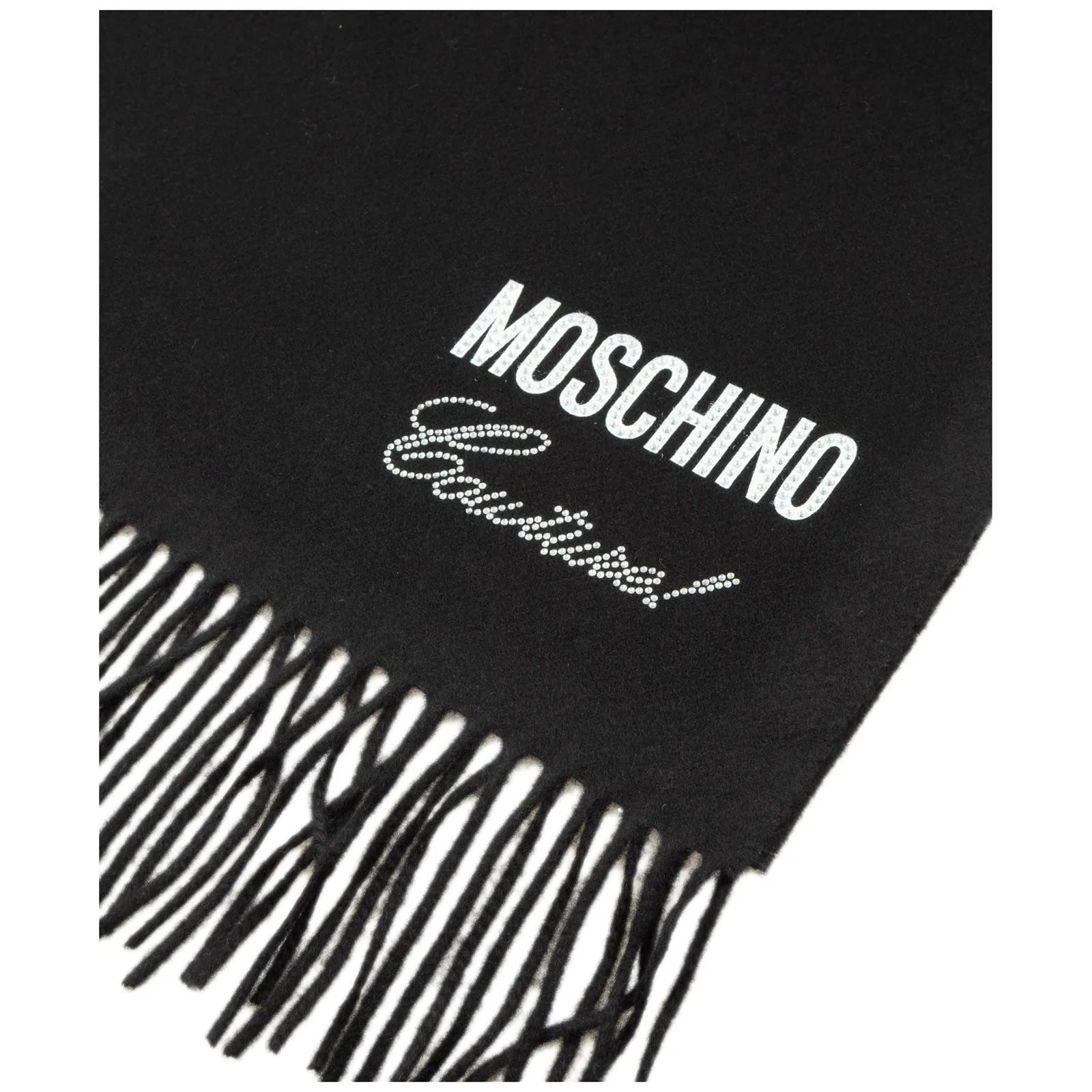 Moschino Rhinestone Logo Detailed Fringed Scarf