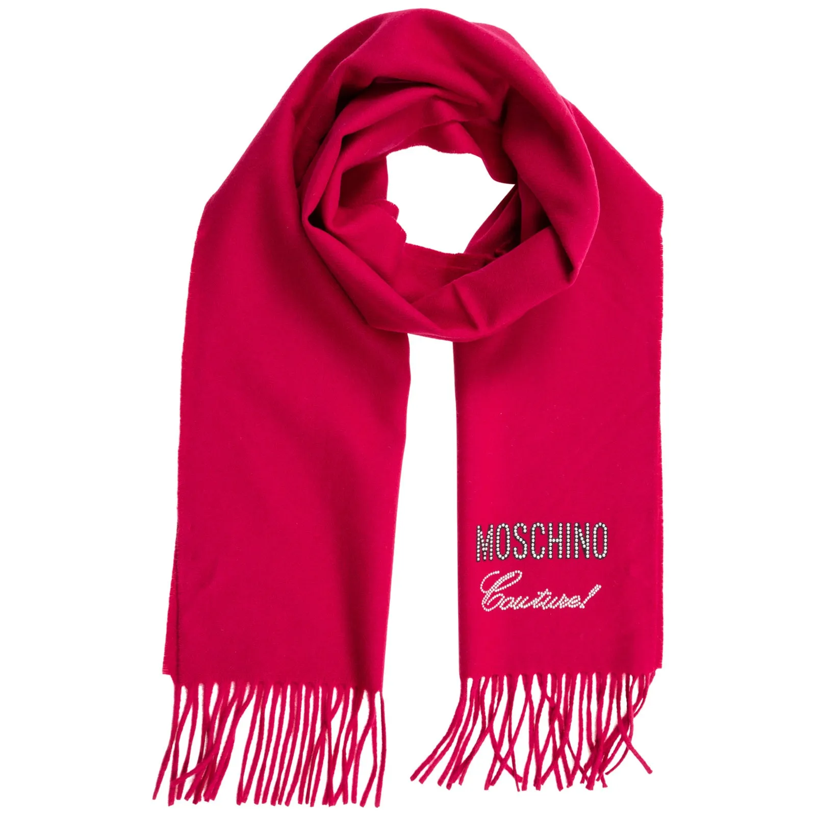 Moschino Rhinestone Logo Detailed Fringed Scarf