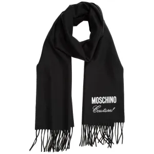 Moschino Rhinestone Logo Detailed Fringed Scarf