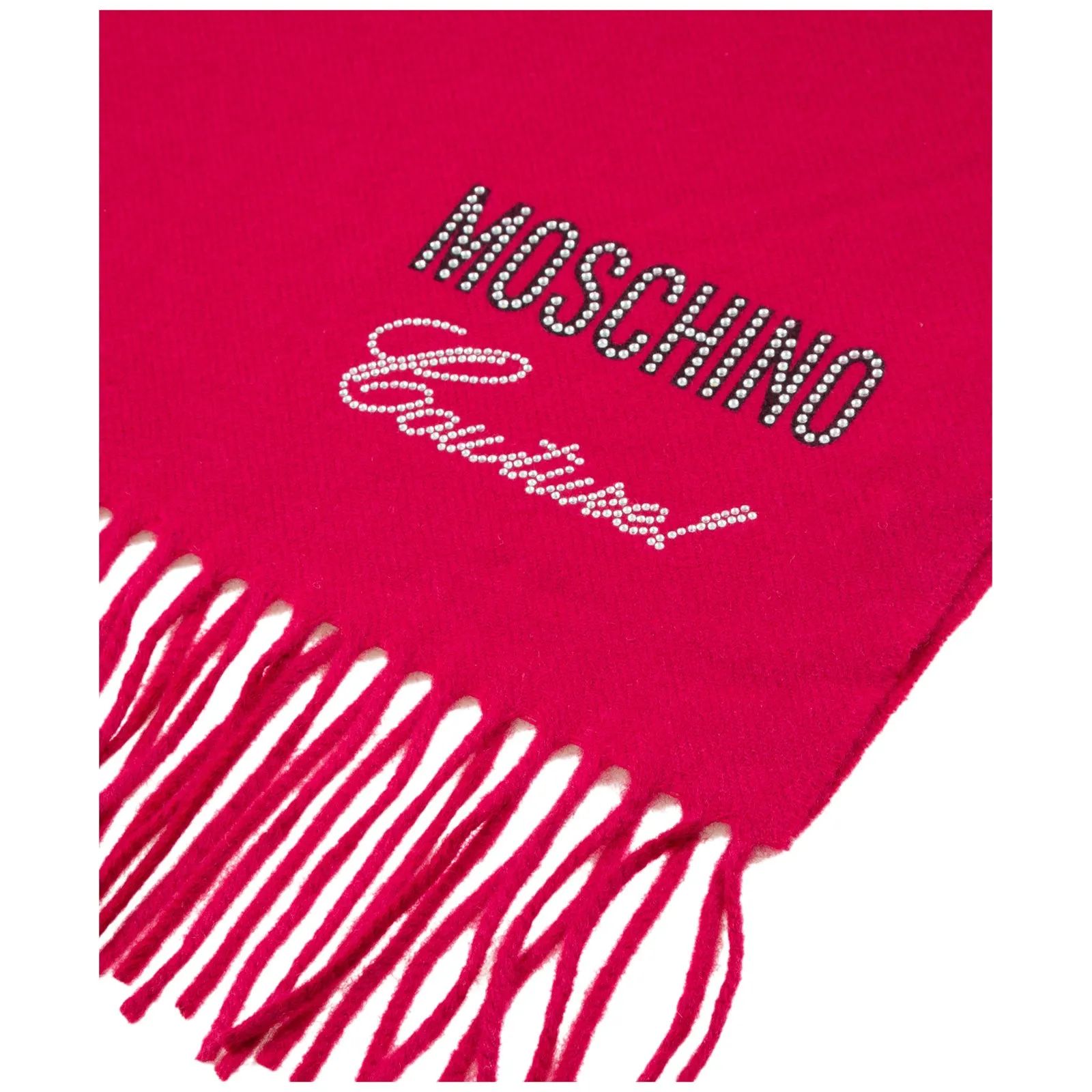 Moschino Rhinestone Logo Detailed Fringed Scarf