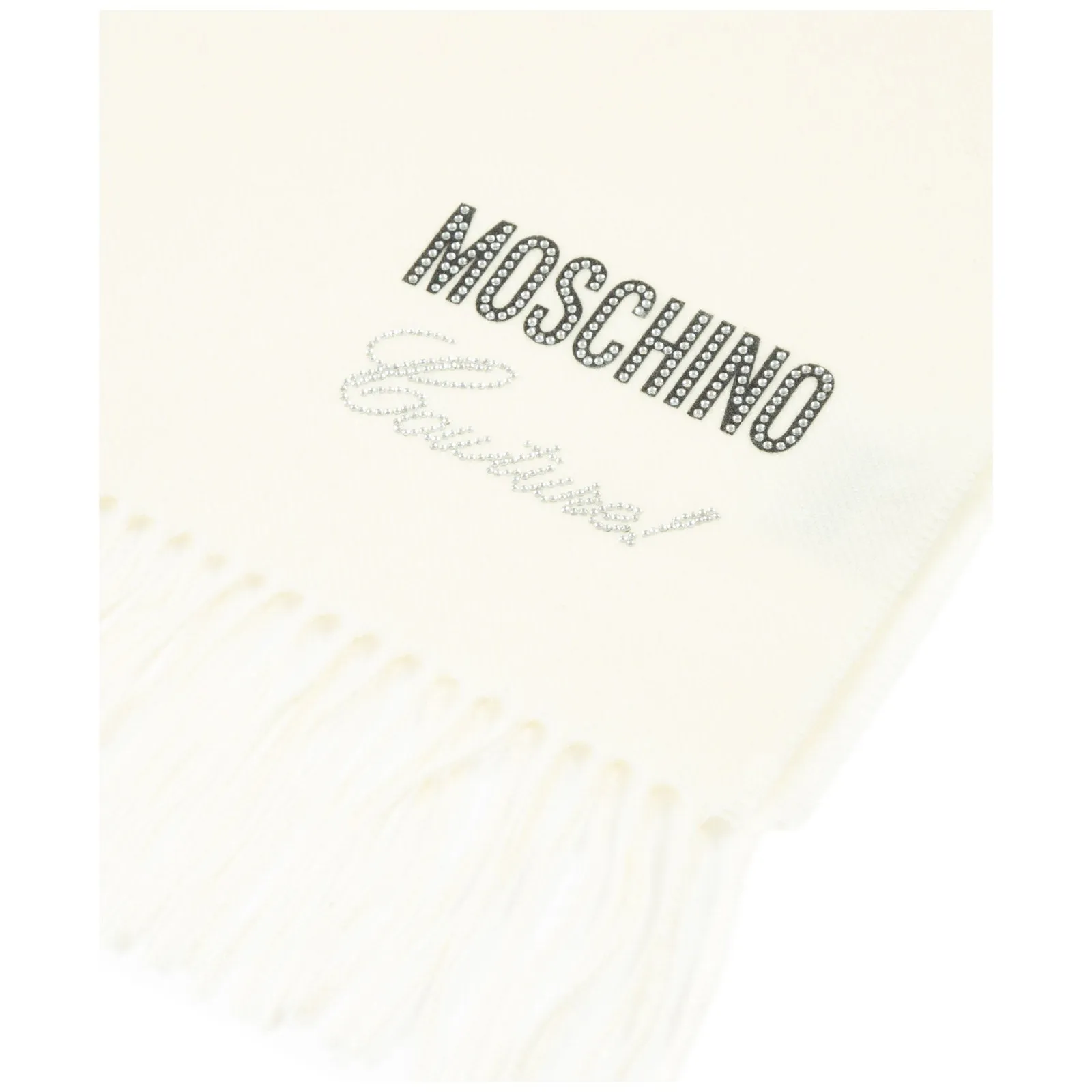 Moschino Rhinestone Logo Detailed Fringed Scarf