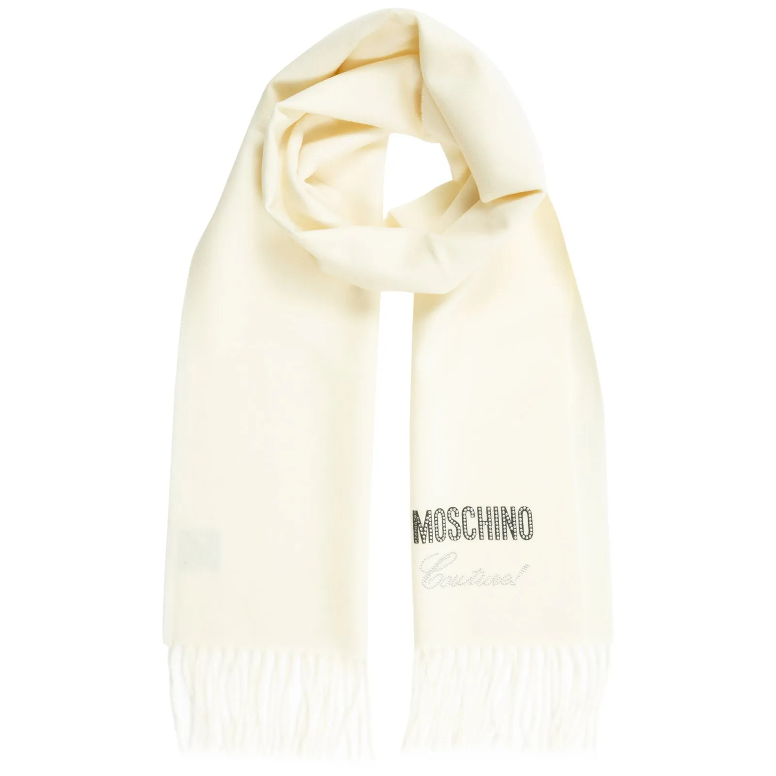 Moschino Rhinestone Logo Detailed Fringed Scarf