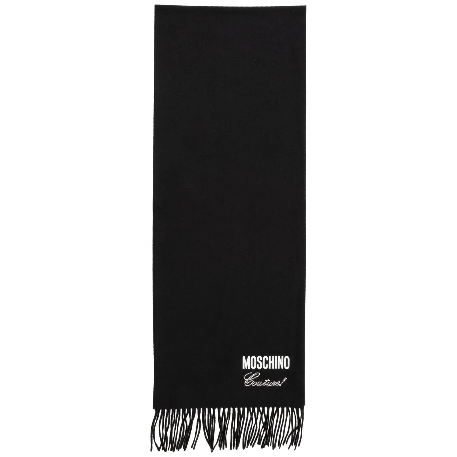 Moschino Rhinestone Logo Detailed Fringed Scarf