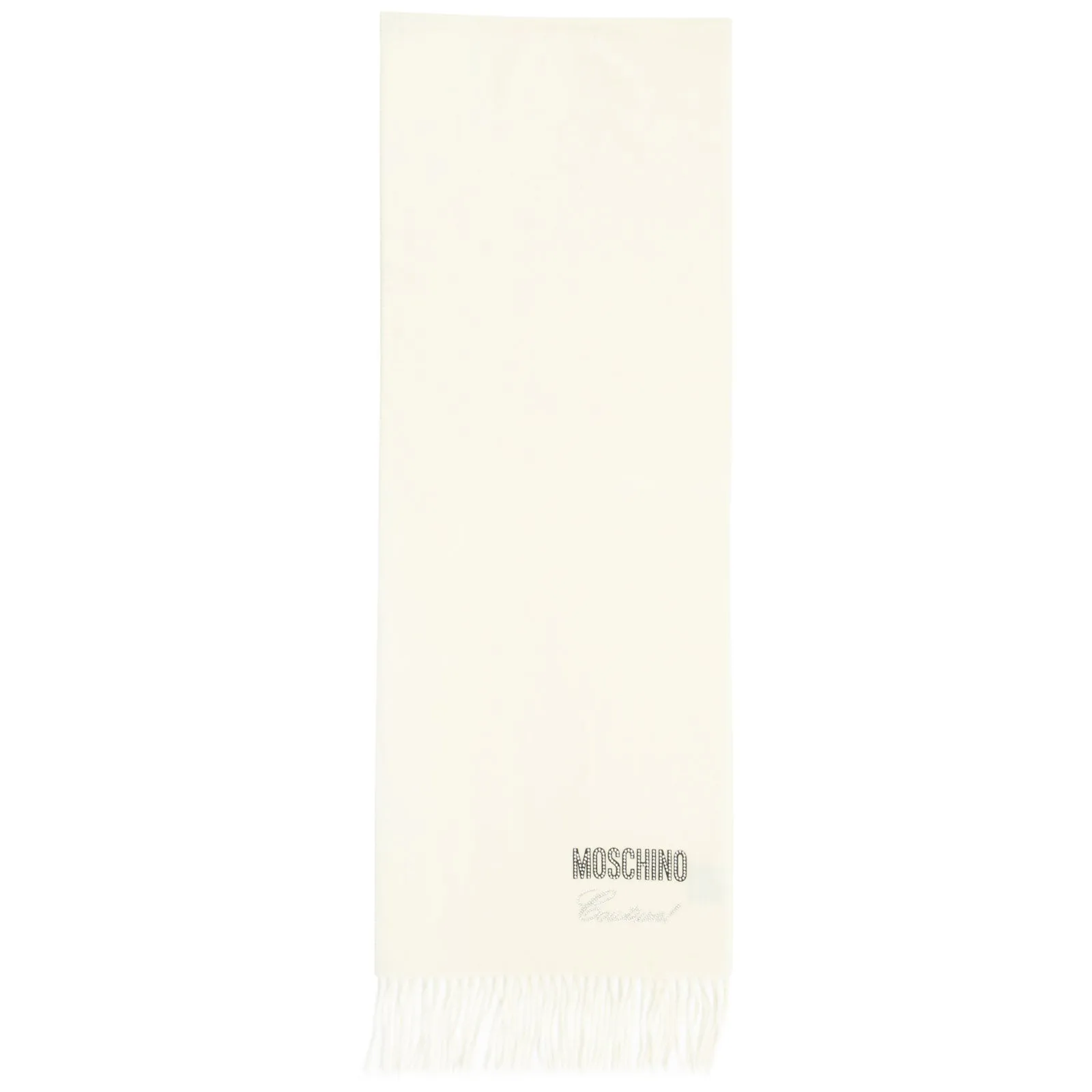 Moschino Rhinestone Logo Detailed Fringed Scarf